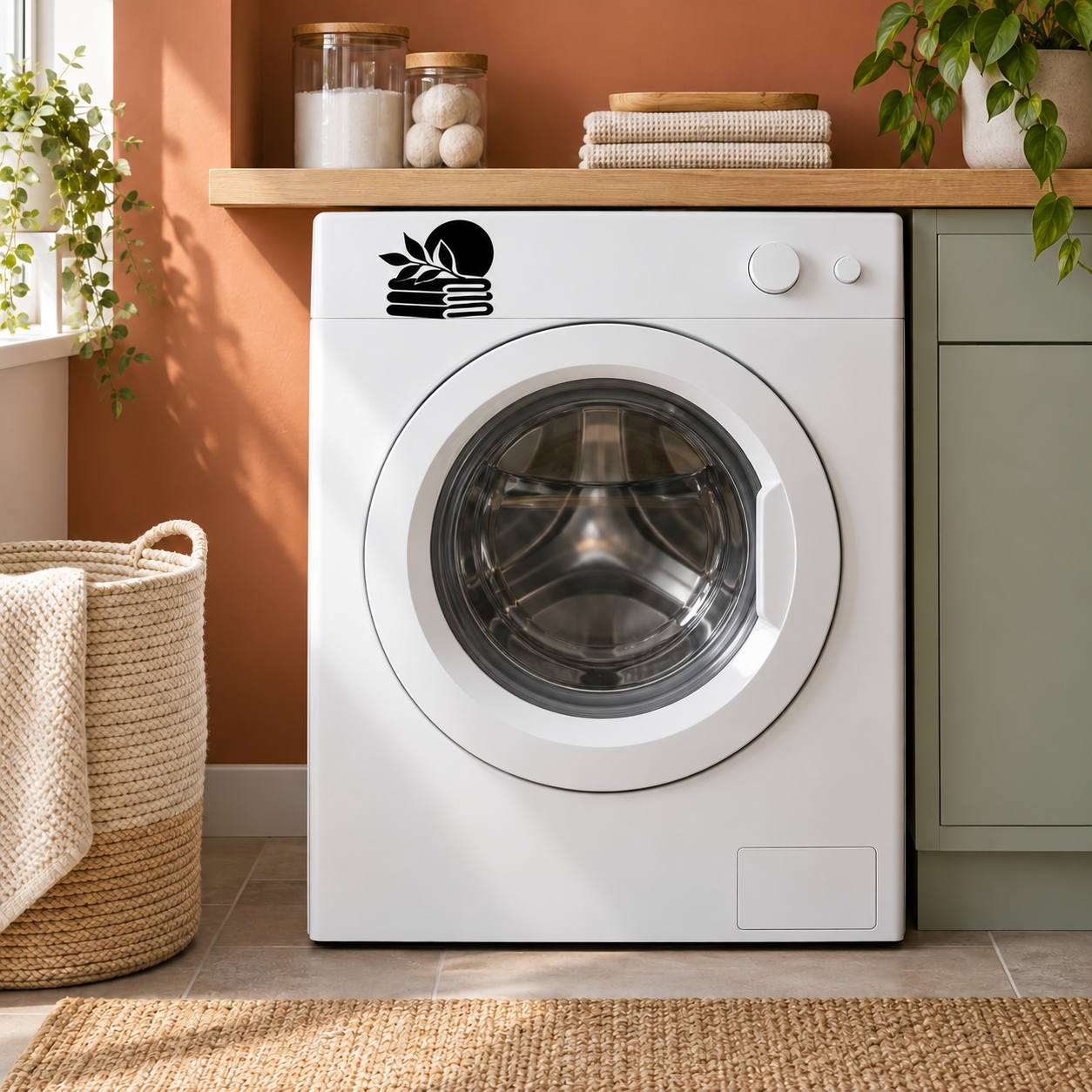 Black vinyl washing machine decal with leaf and stacked towel icons on white door