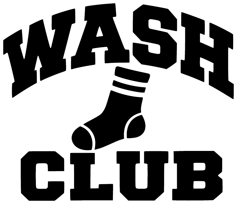 Vinyl decal set: black 'WASH' and 'CLUB' lettering with washing sock icon