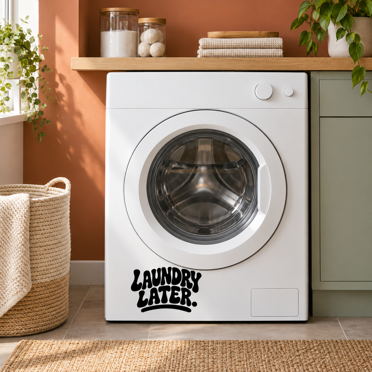 Laundry Later black vinyl decal with playful lettering on washing machine door