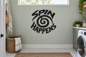 Vinyl wall decal with black SPIN HAPPENS lettering and swirl graphic