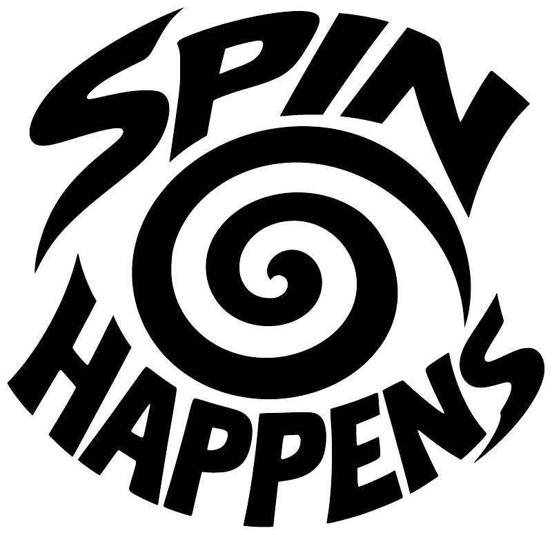 Vinyl wall decal close-up: black SPIN HAPPENS text with swirl and flame accents