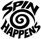 Vinyl wall decal close-up: black SPIN HAPPENS text with swirl and flame accents