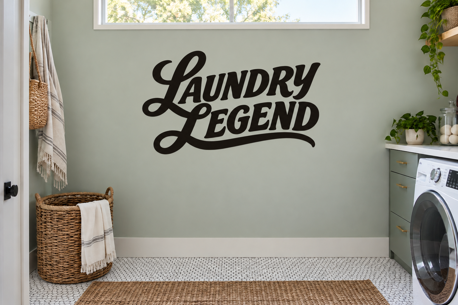 Laundry wall vinyl decal with "Laundry Legend" script lettering