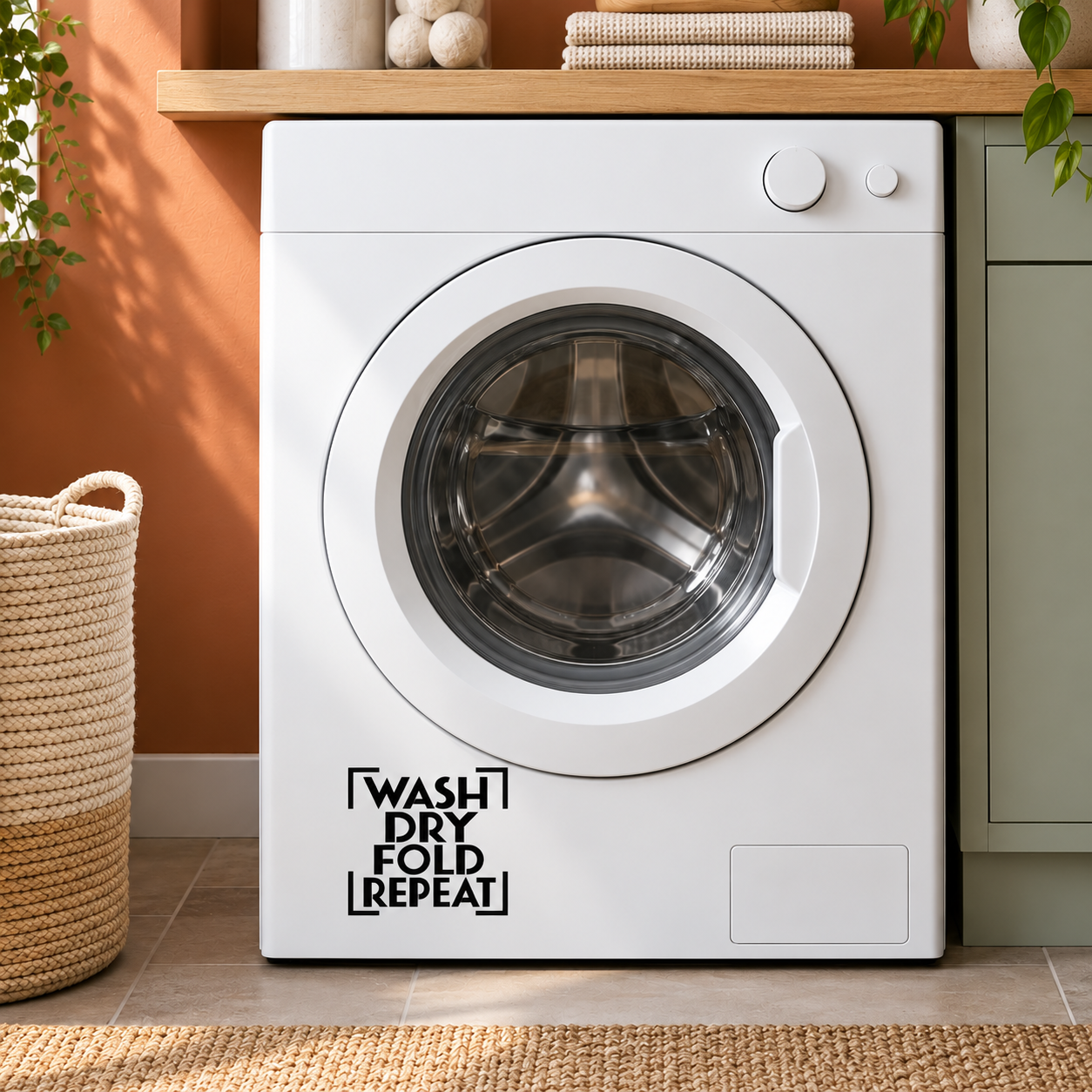 Vinyl decal with “WASH DRY FOLD REPEAT” text on a washing machine front