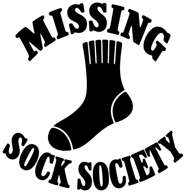 Black vinyl decal with sock icon and arched text “MISSING” and “SOCK SOCIETY”