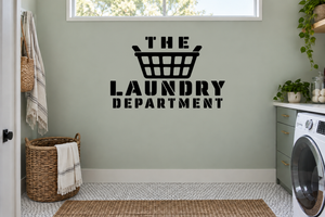 Vinyl wall decal with black laundry basket and 'The Laundry Department' lettering
