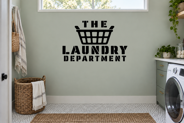 Vinyl wall decal with black laundry basket and 'The Laundry Department' lettering