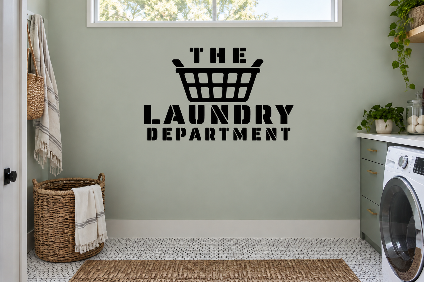 Vinyl wall decal with black laundry basket and 'The Laundry Department' lettering