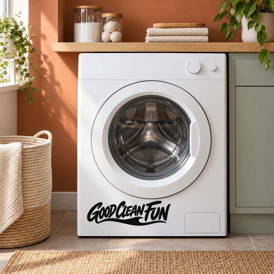 Black 'Good Clean Fun' vinyl decal for washing machine fronts