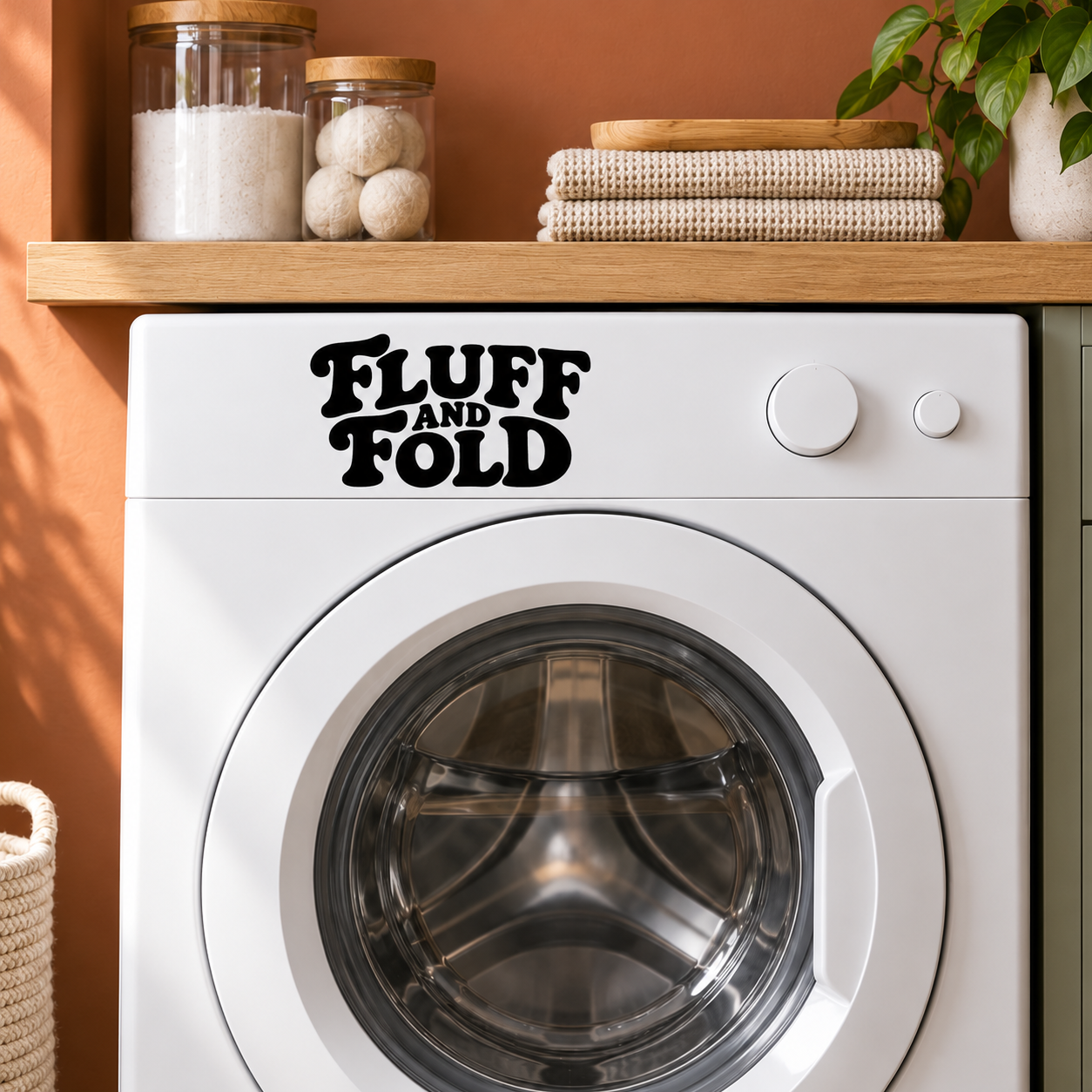 Fluff and Fold vinyl decal on front of white washing machine with door