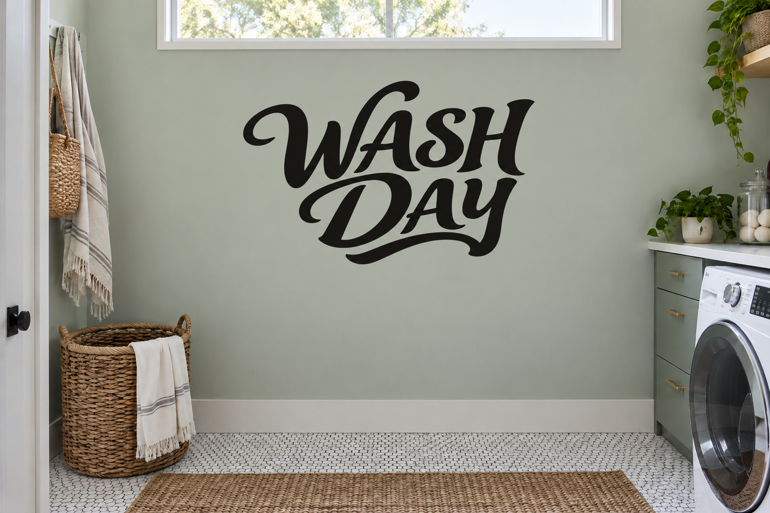 Wash Day vinyl wall decal with black cursive lettering on a light wall