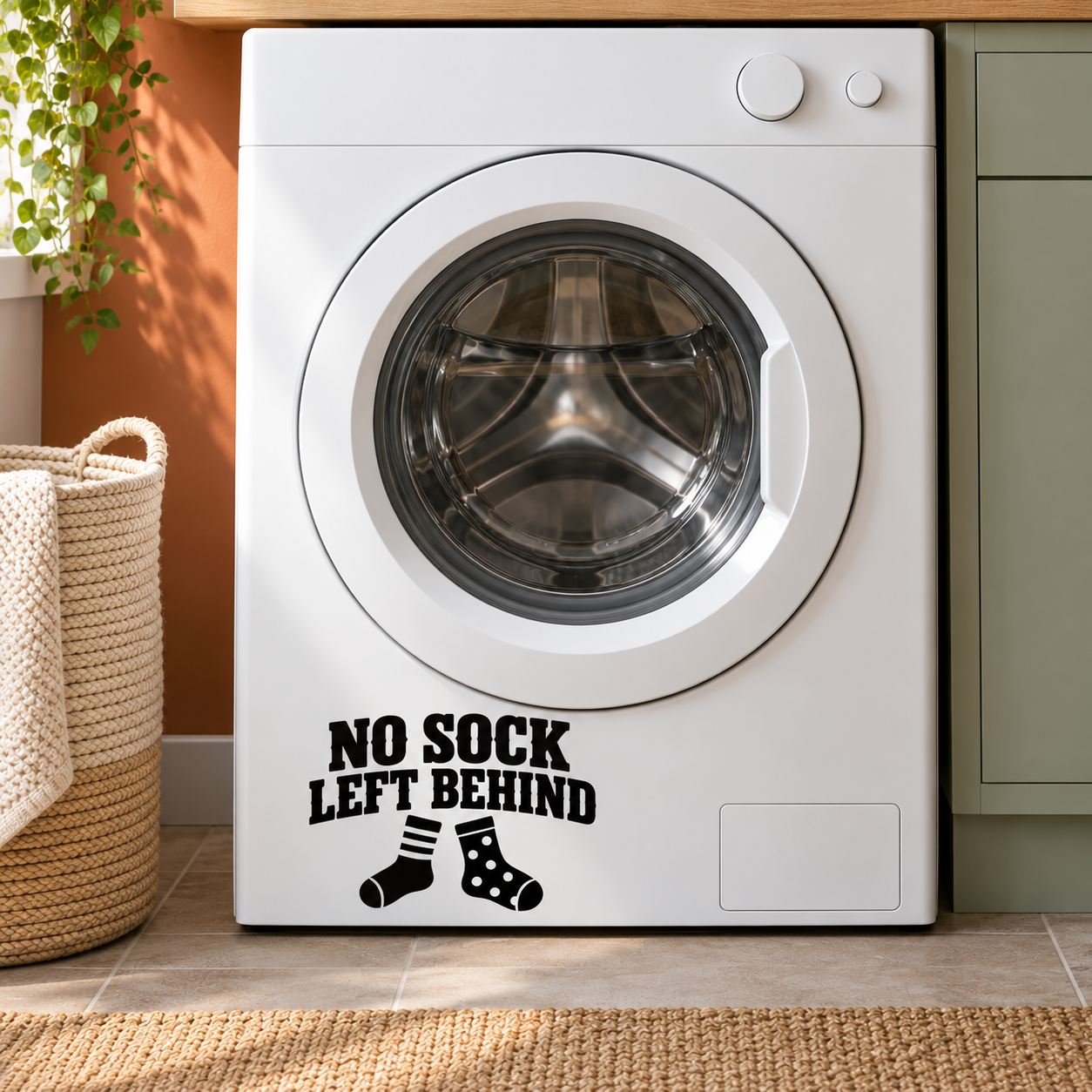 Vinyl decal with bold text "NO SOCK LEFT BEHIND" and black sock icons