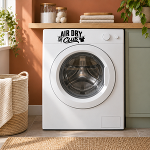 Air Dry Club vinyl decal with black logo on a white washing machine door