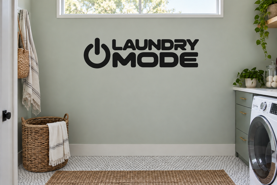 Laundry Mode vinyl decal with power icon and black LAUNDRY MODE lettering