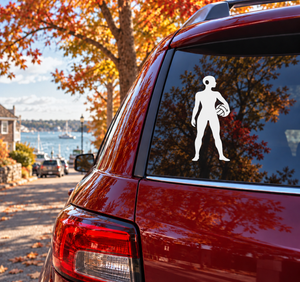 Water polo player vinyl decal on car rear window, white silhouette holding a ball