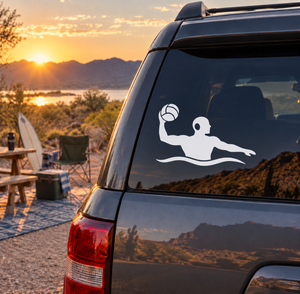 Water polo player vinyl decal on car window, white silhouette holding a ball