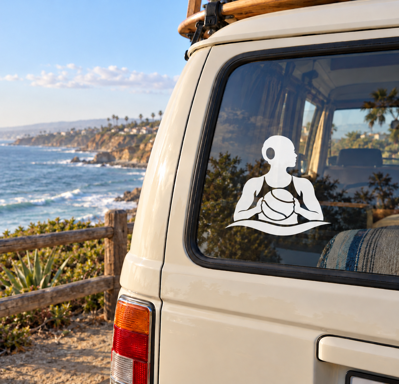 Water polo calm set-up vinyl decal with white seated player silhouette on a vehicle window