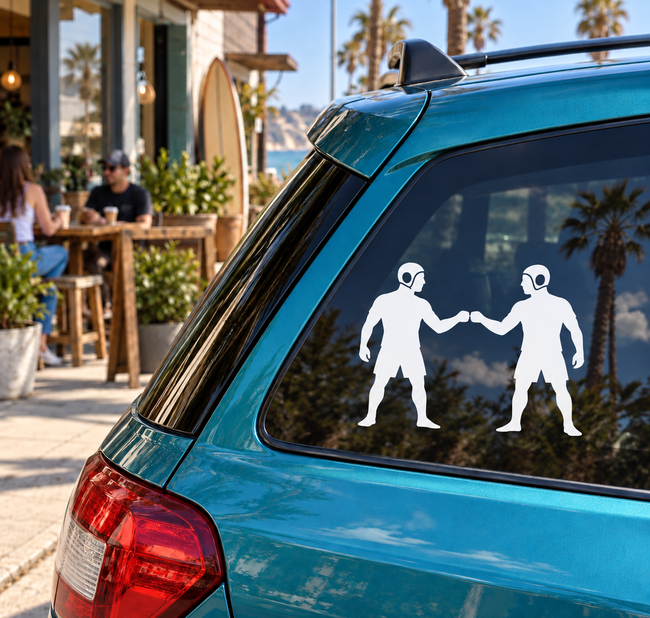 Water polo team fist bump vinyl decal with two white player silhouettes