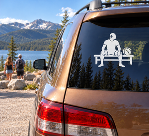 Water polo bench break vinyl decal: seated player silhouette on bench holding a ball