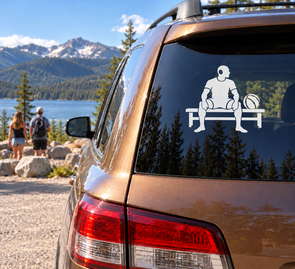 Water polo bench break vinyl decal: seated player silhouette on bench holding a ball