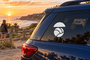Water polo ball vinyl decal on car window, black and white logo
