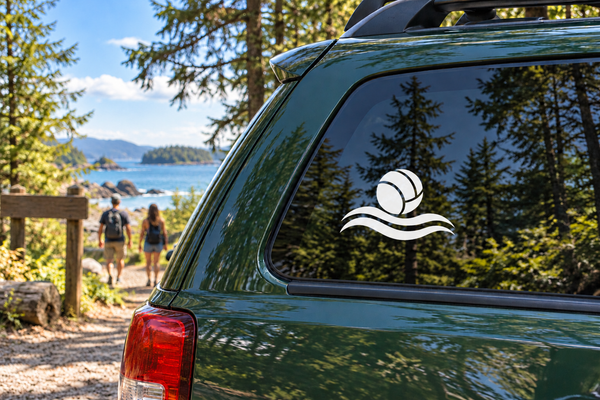 Water polo vinyl decal on car window, black and white ball with wave