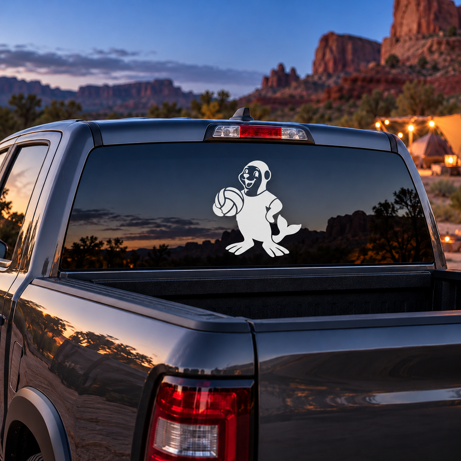 Water polo seal practice vinyl decal for car window, black and white seal with ball