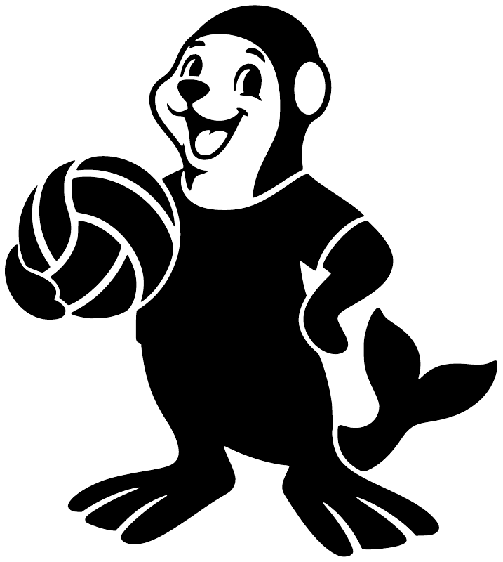 Vinyl seal decal, black-and-white water polo mascot holding a volleyball