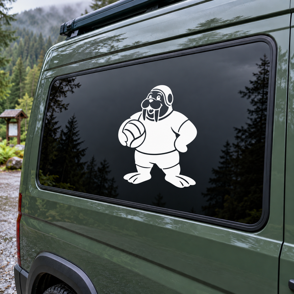 White water polo walrus vinyl decal, walrus holding a ball in a seated pose
