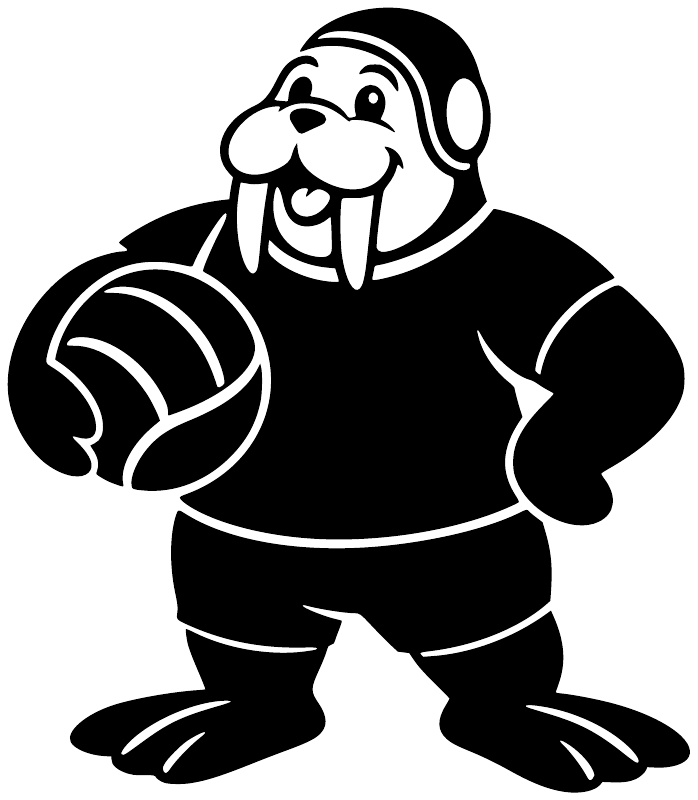 Black-and-white water polo walrus vinyl decal holding a ball, front view