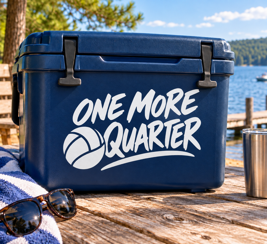 Blue cooler with vinyl decal reading "ONE MORE QUARTER" and water polo ball icon