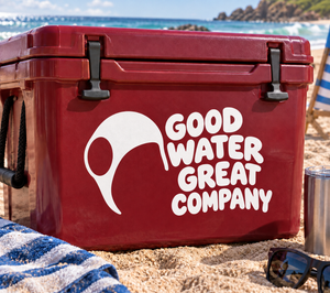 White vinyl decal set with water polo ball icon and "GOOD WATER GREAT COMPANY" text