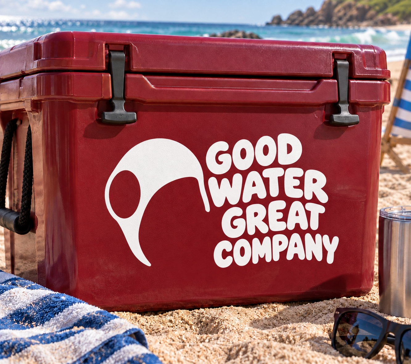 White vinyl decal set with water polo ball icon and "GOOD WATER GREAT COMPANY" text