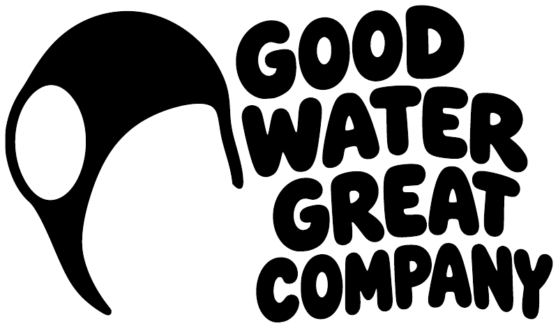 Black-and-white vinyl decal with water polo ball icon and "GOOD WATER GREAT COMPANY" lettering