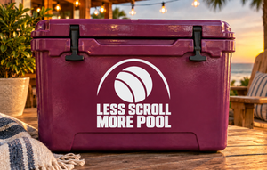Water polo vinyl decal with ball icon and "Less Scroll More Pool" text on dark purple