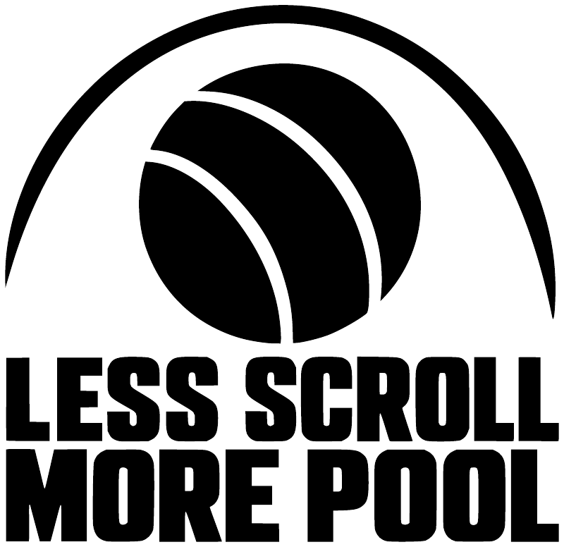 Water polo vinyl decal: black ball icon and "LESS SCROLL MORE POOL" text