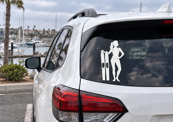 Water skiing vinyl decal with skier silhouette on car rear window