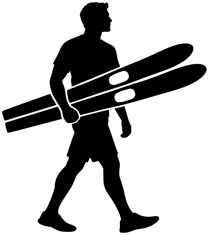 Water skiing vinyl decal, black skier silhouette with two skis and handle rope