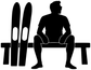 Black water-skiing bench vinyl decal silhouette: skier with skis and dock bench