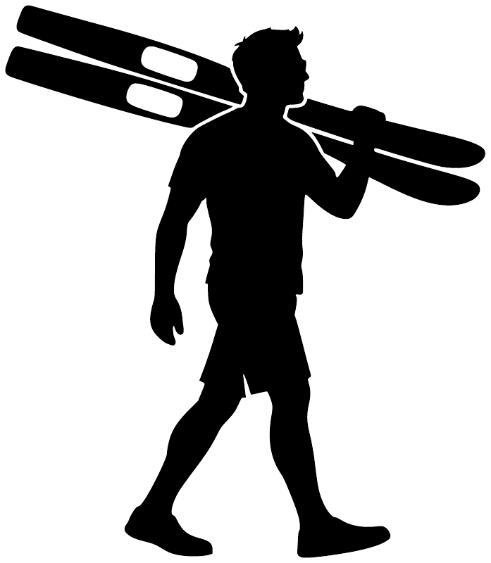 Vinyl decal design: black silhouette of a walking water skier holding skis