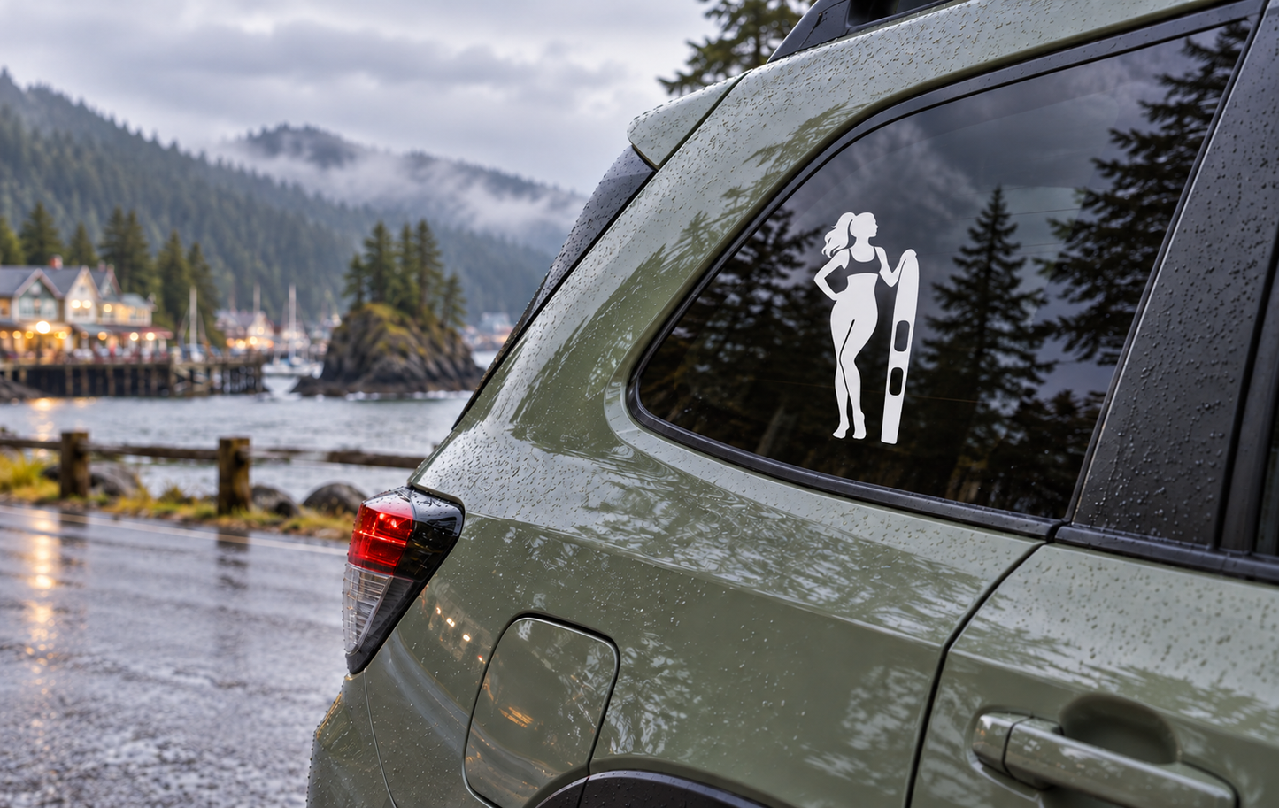 Water skiing vinyl decal with white skier silhouette on a car rear window