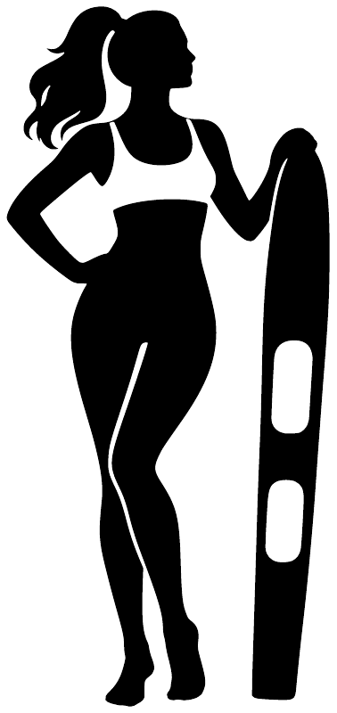 Black water skiing vinyl decal of a female skier silhouette with board