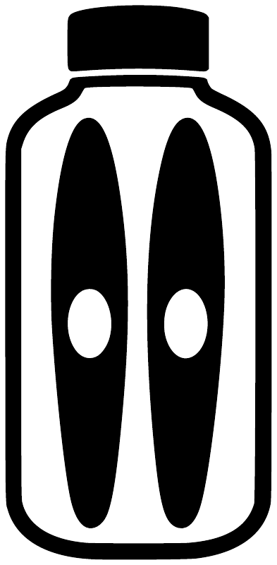 Water bottle vinyl decal: white bottle with black cap and two black eye ovals.