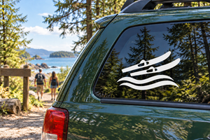 Water ski wave club vinyl decal on vehicle rear window, white water-ski and wave icon
