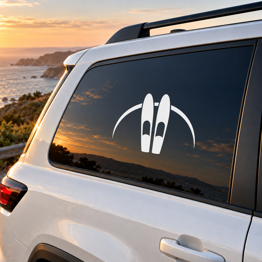 Water skiing open sky vinyl decal with white ski icon on a car window