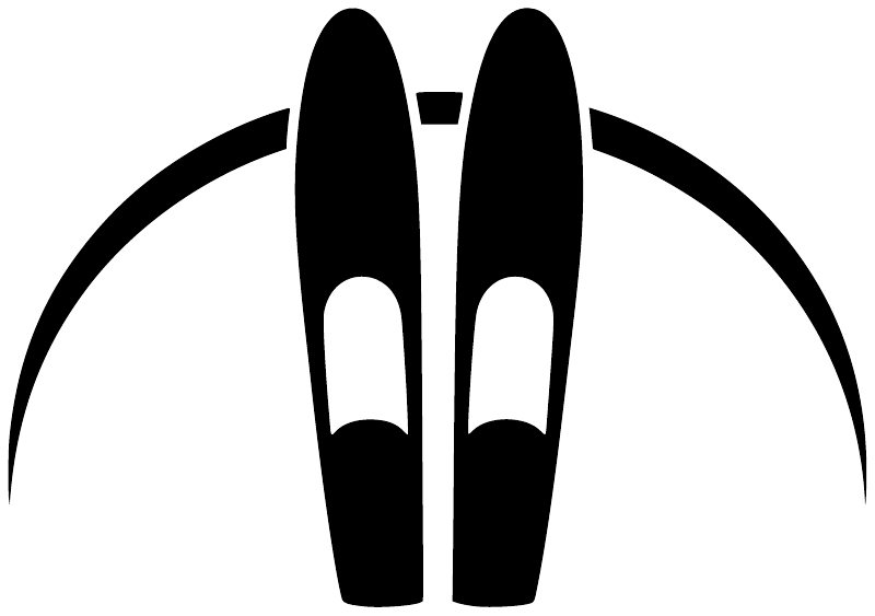 Water skiing open sky vinyl decal graphic: black skis with white details and arched circle