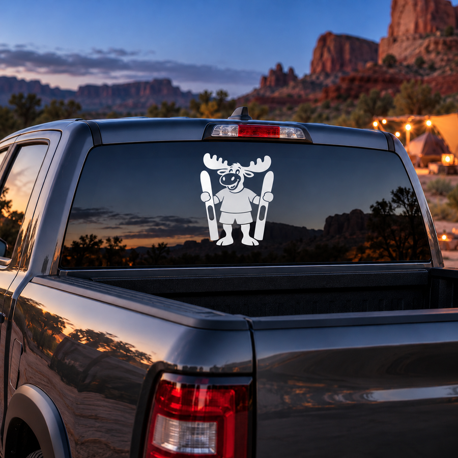 Water ski moose vinyl decal of a cheerful moose holding ski poles