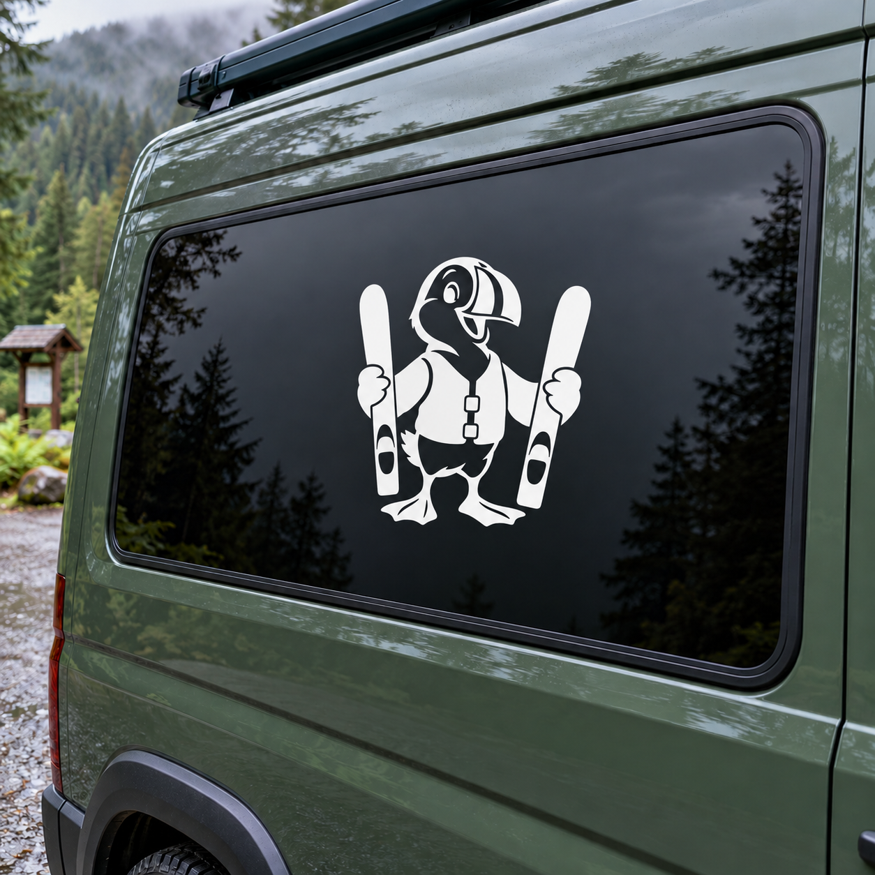 Water skiing puffin vinyl decal: black-and-white puffin holding skis and poles