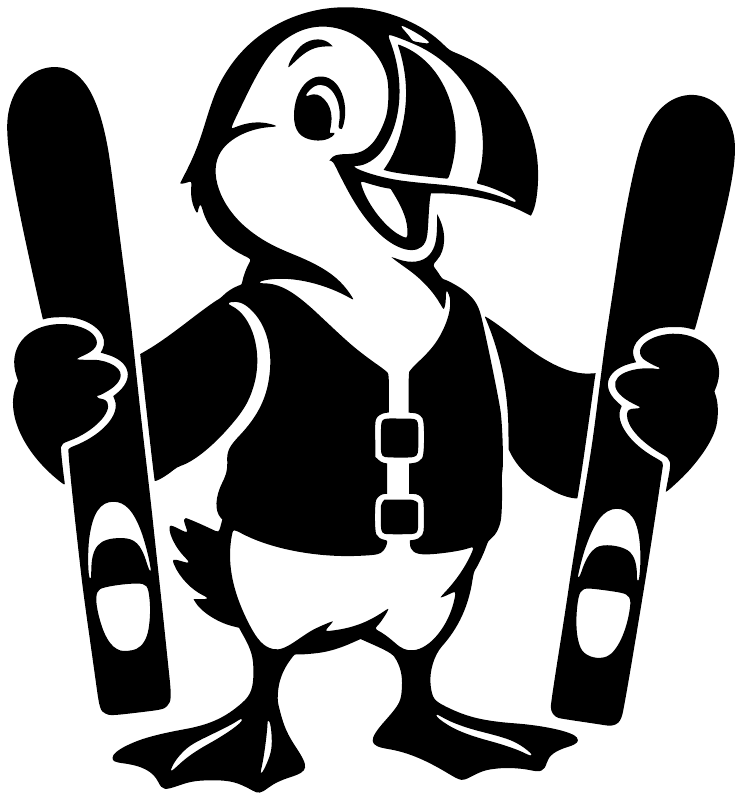 Water skiing puffin vinyl decal, bold black silhouette holding ski poles