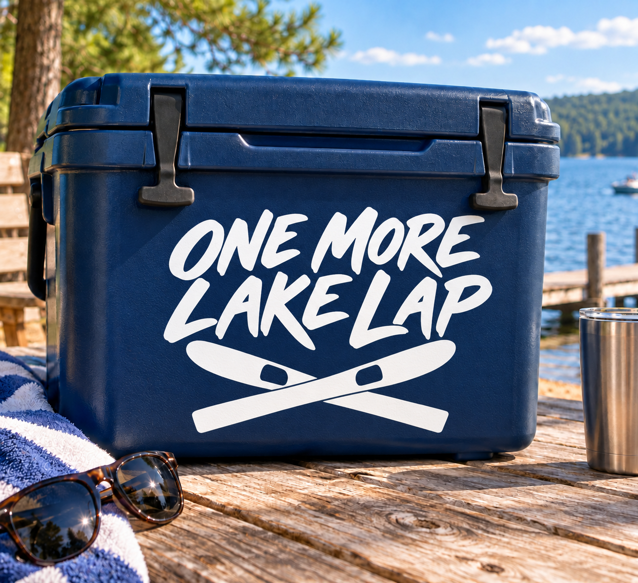 Water skiing vinyl decal: “ONE MORE LAKE LAP” with crossed oars
